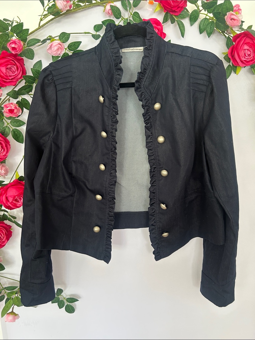 JohnPaulRichard Navy Ruffle-Trim Military Blazer size Large